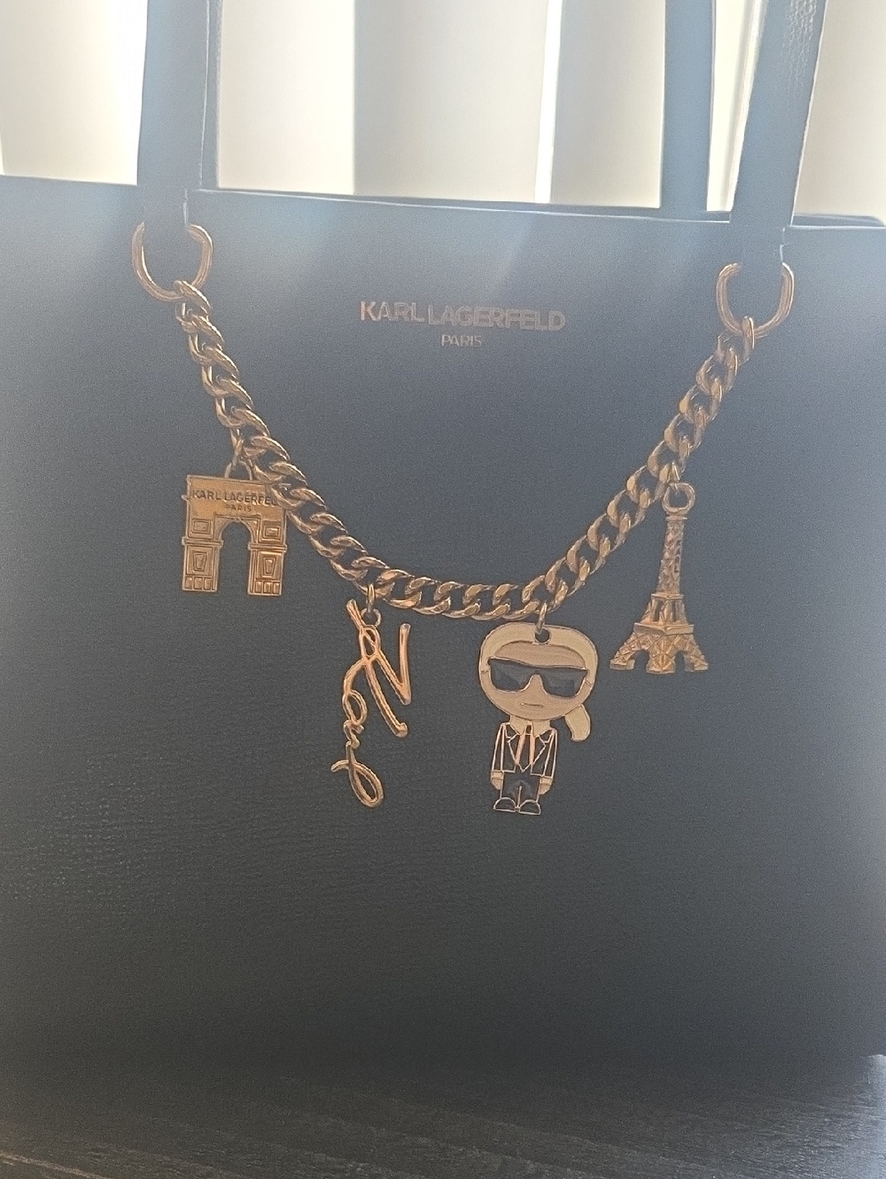 Karl Lagerfeld Black Tote with Gold Charm Chain Accents